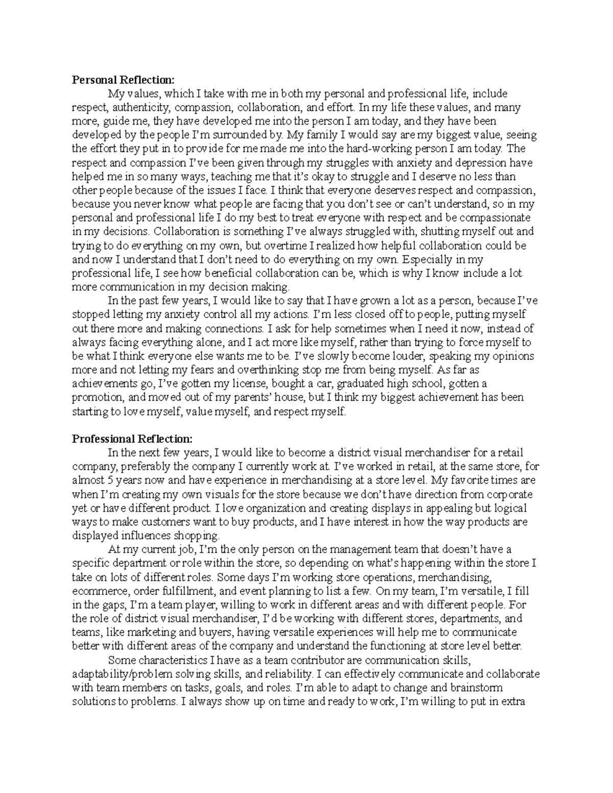 3-2 project one - 180/180 - Personal Reflection: My values, which I ...