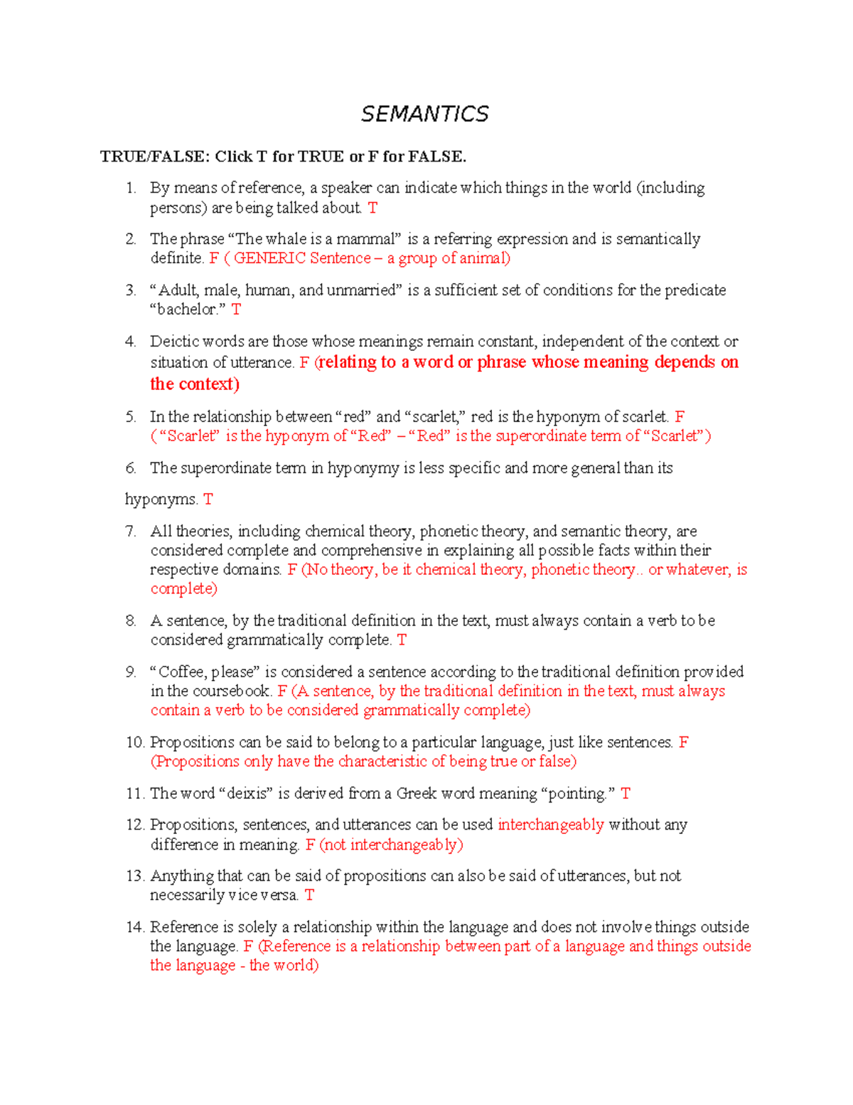 Semantics (ENG 101) - True/False Quiz and Key Concepts - Studocu