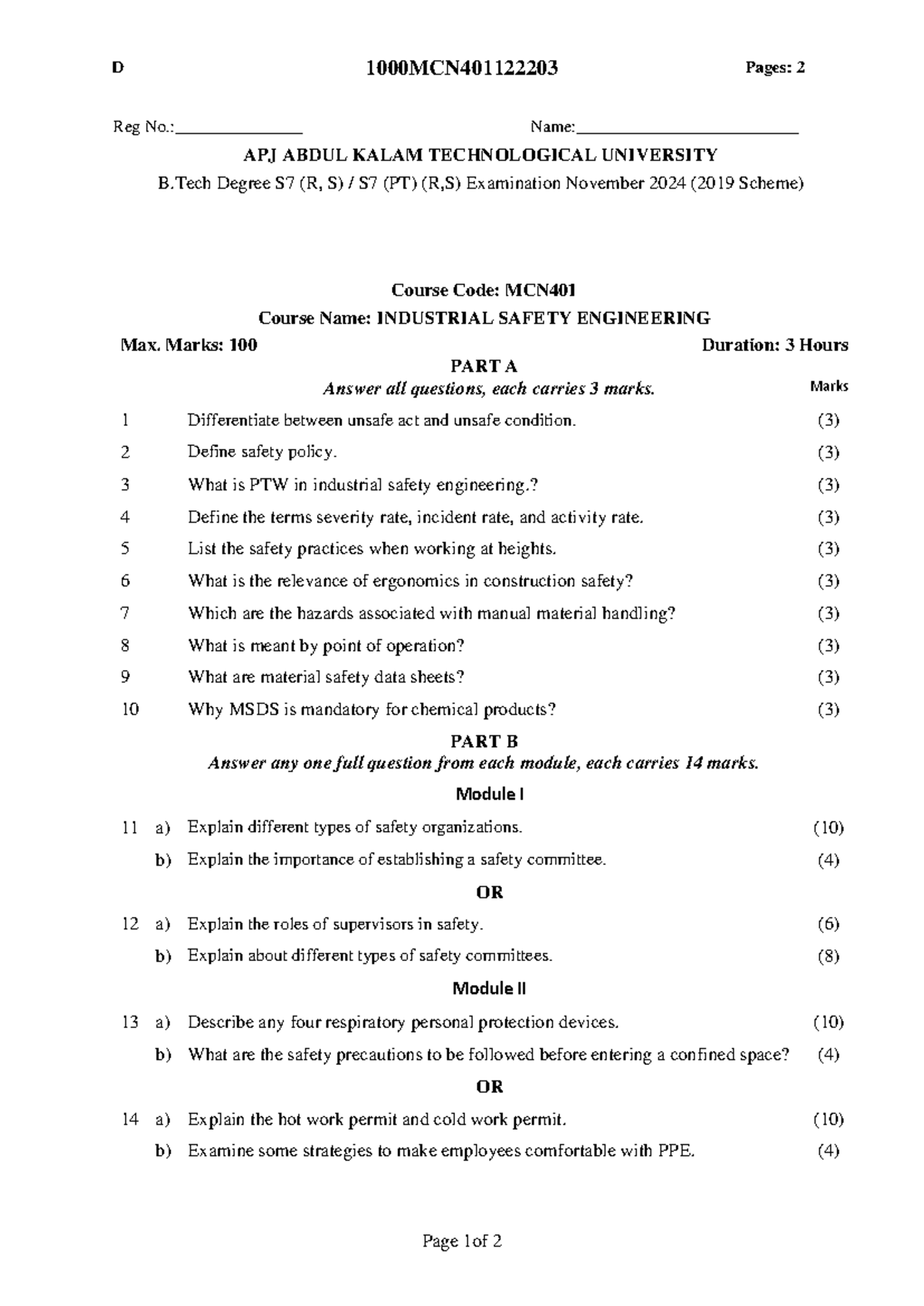 MCN401 Industrial Safety Engineering Exam Nov 2024 - Question Paper ...