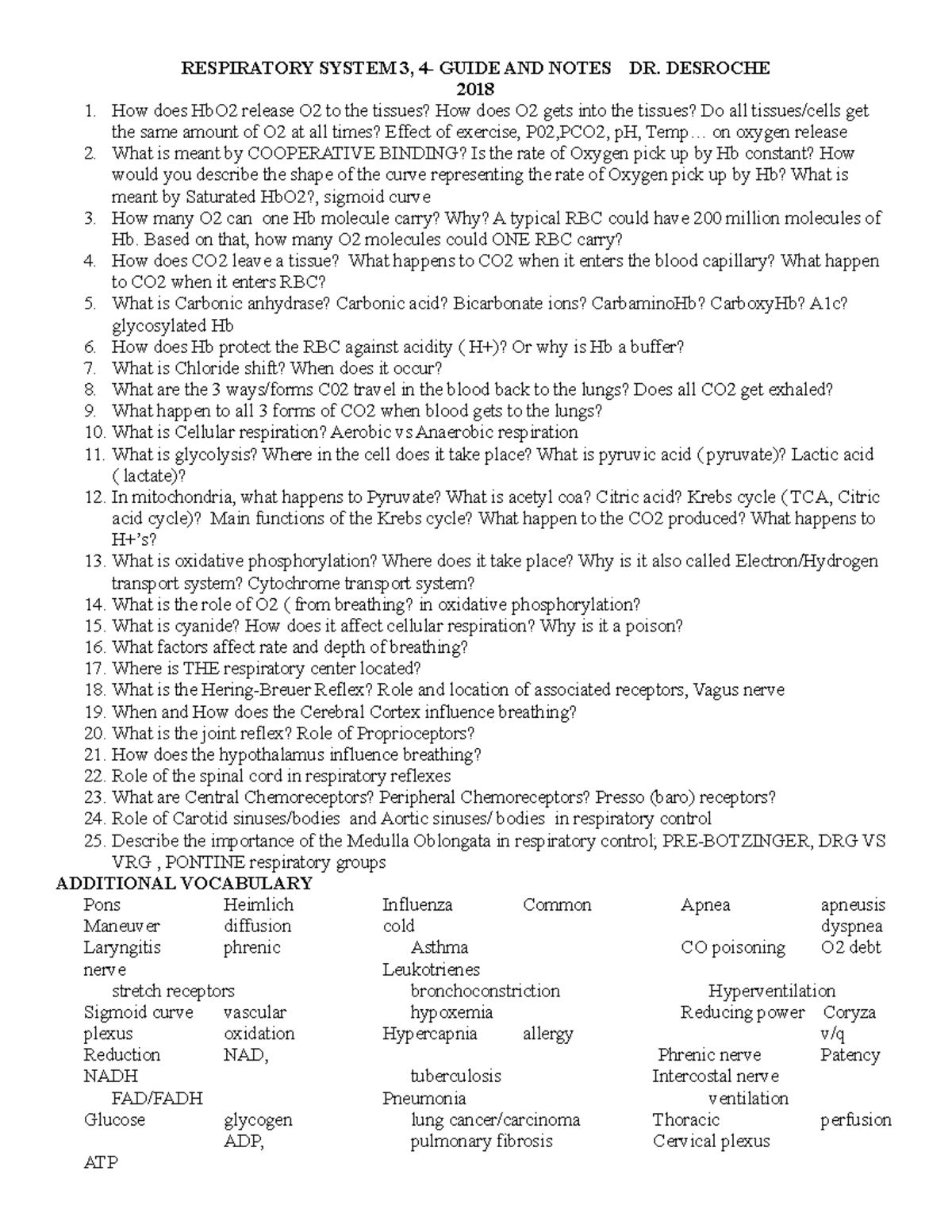 Respiratory System Study Guide 3,4: Detailed Notes & Key Concepts 2017 ...