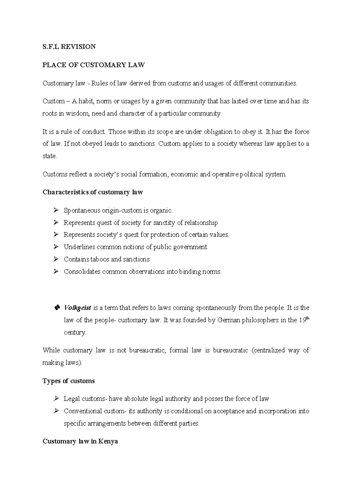 S.F.L REVISION: CUSTOMARY LAW IN KENYA AND ITS APPLICATION - Studocu