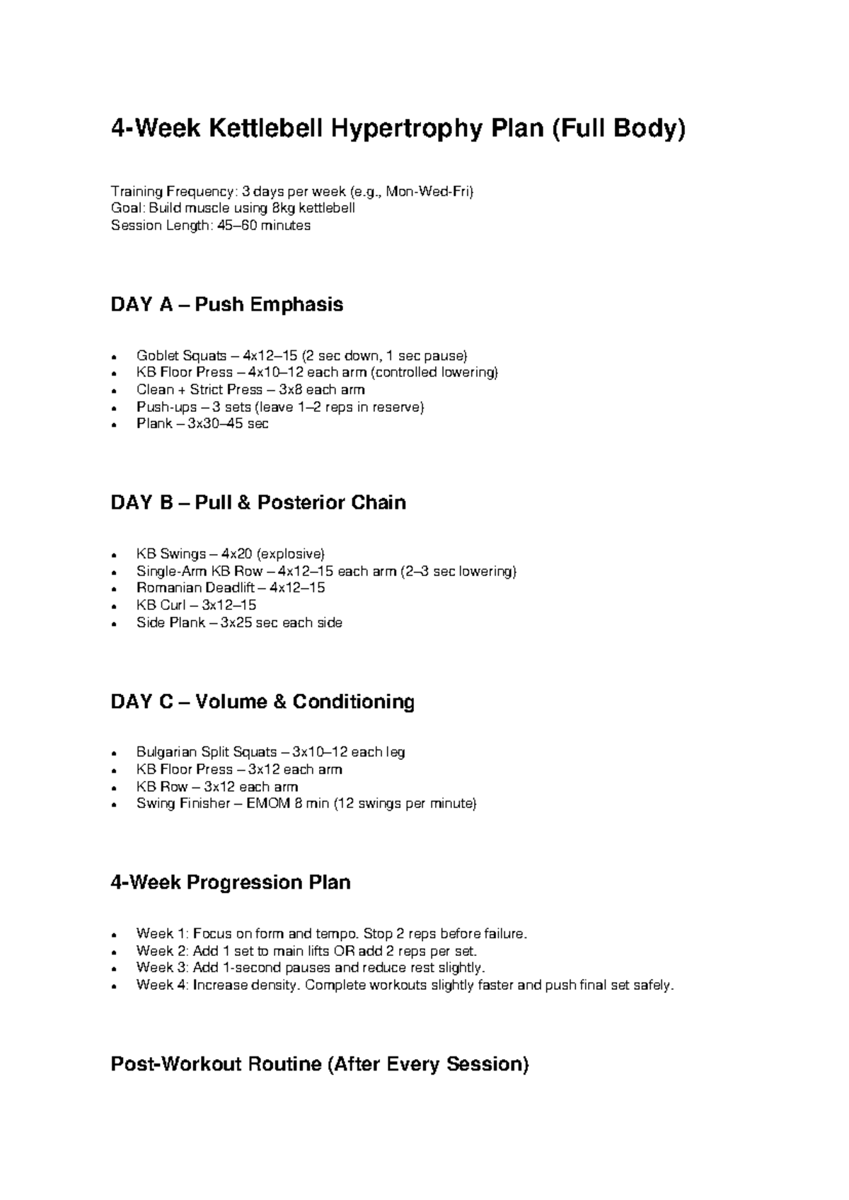 4-Week Kettlebell Hypertrophy Plan (Full Body) Training Guide - Studocu