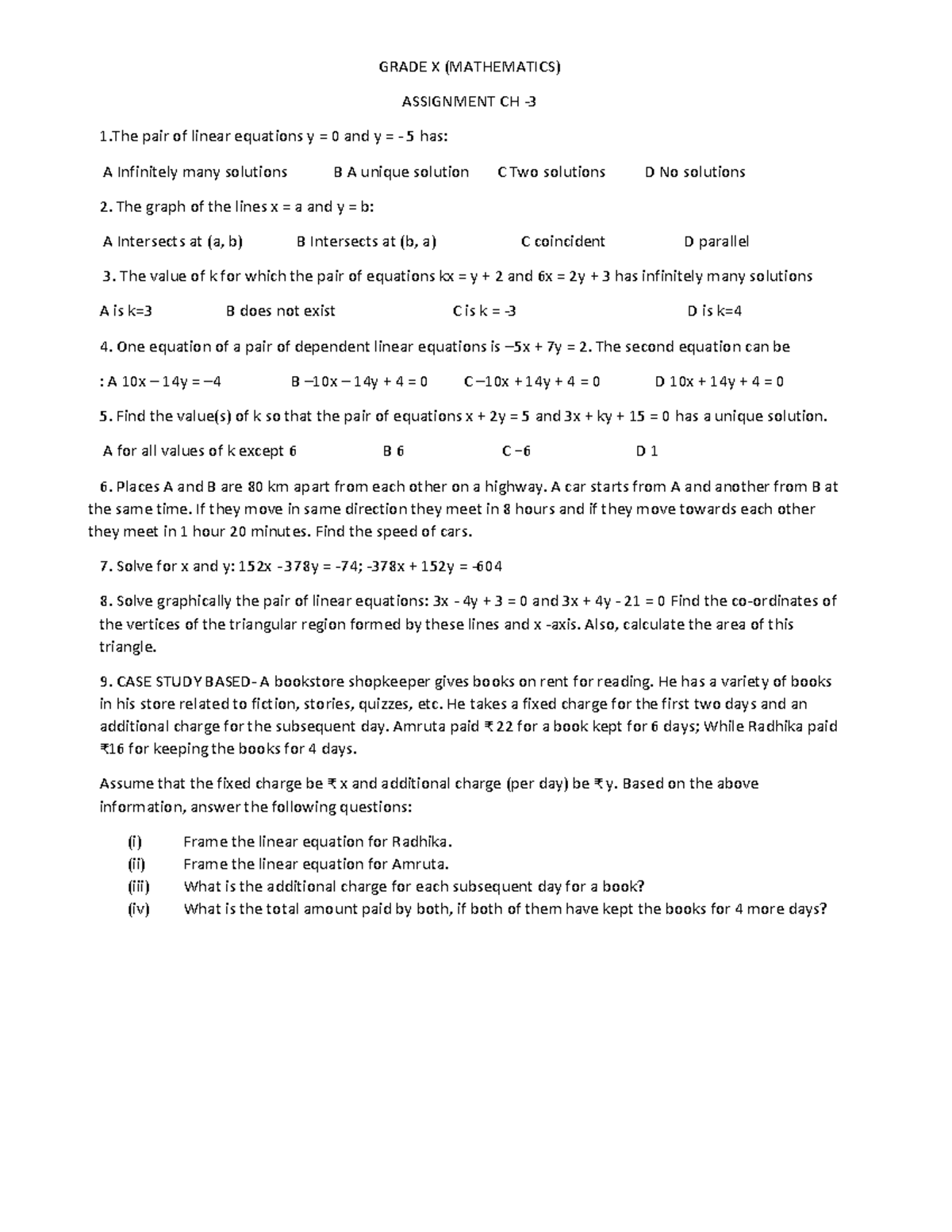 Grade X (MATHEMATICS) Assignment: Linear Equations & Case Study - Studocu