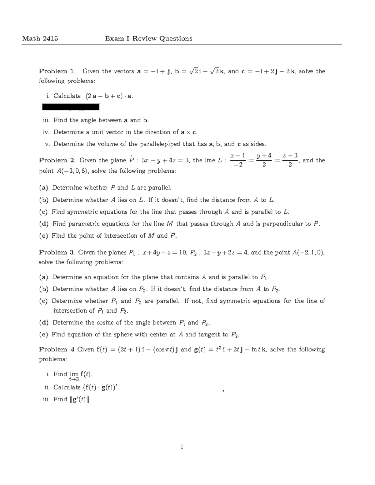 Math 2415 Exam I Review: Vector and Plane Problems - Studocu
