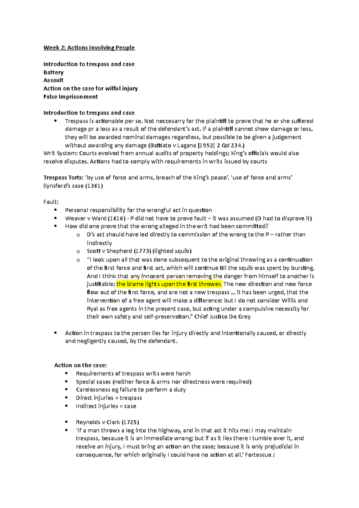 Week 2 Torts - Lecture Notes on Trespass, Battery, and False ...