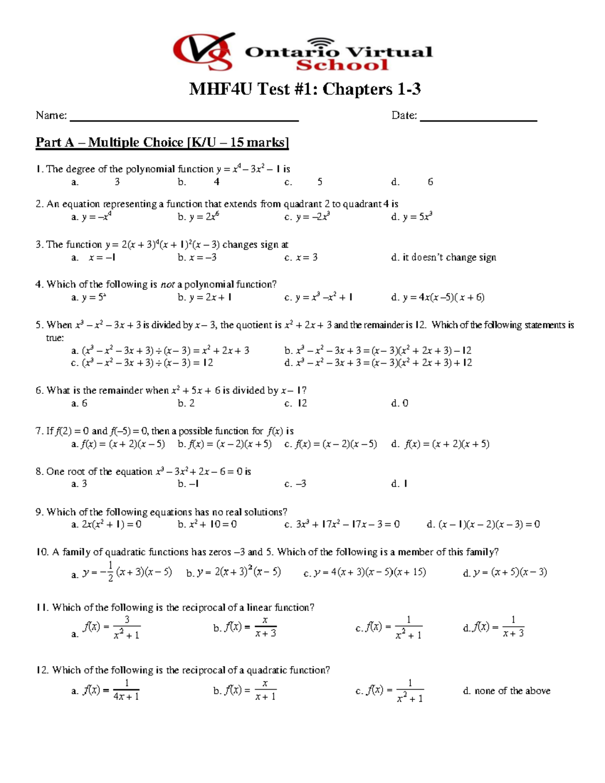 Advanced Functions - MHF4U Test #1: Chapters 1 - 3 Name: Date: Part A ...