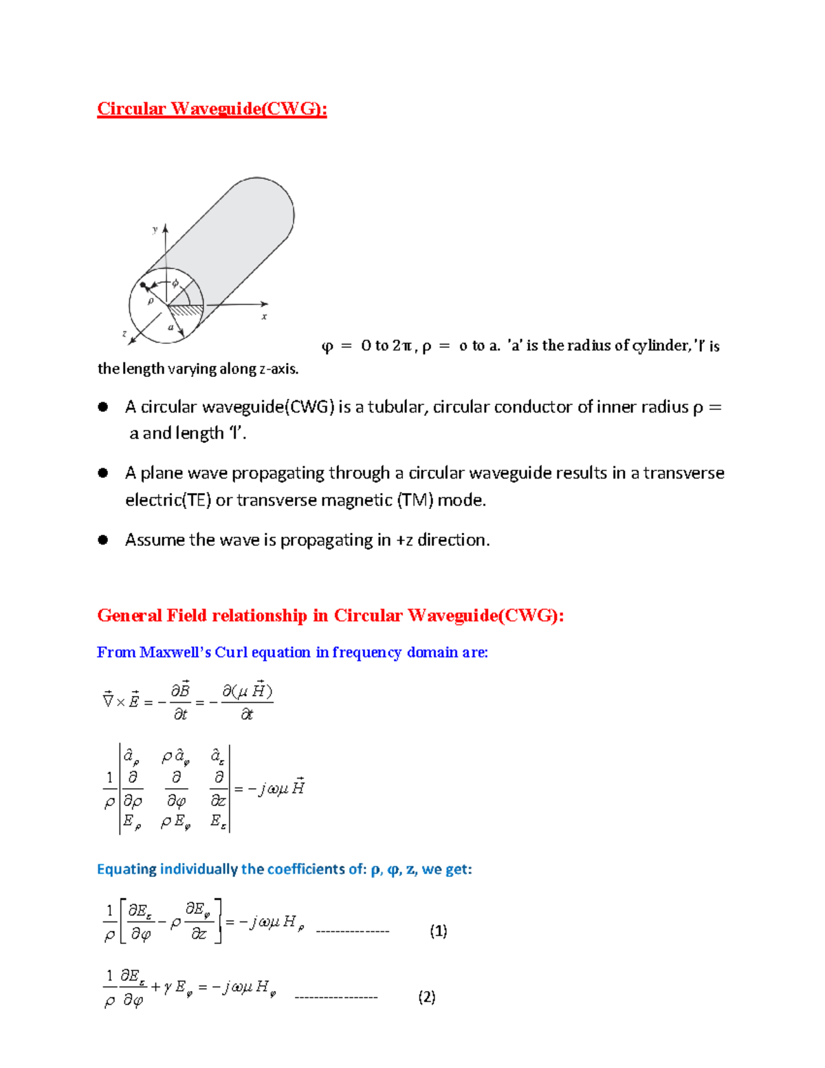 Circular Waveguide (CWG) Analysis - MICROWAVE ENGINEERING FINAL NOTES ...