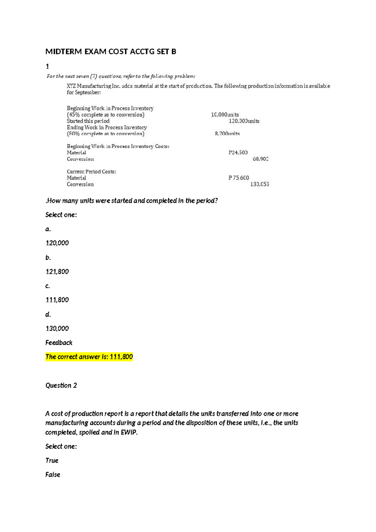 Midterm Exam - COST - Accounting - Set B Review & Questions - Studocu
