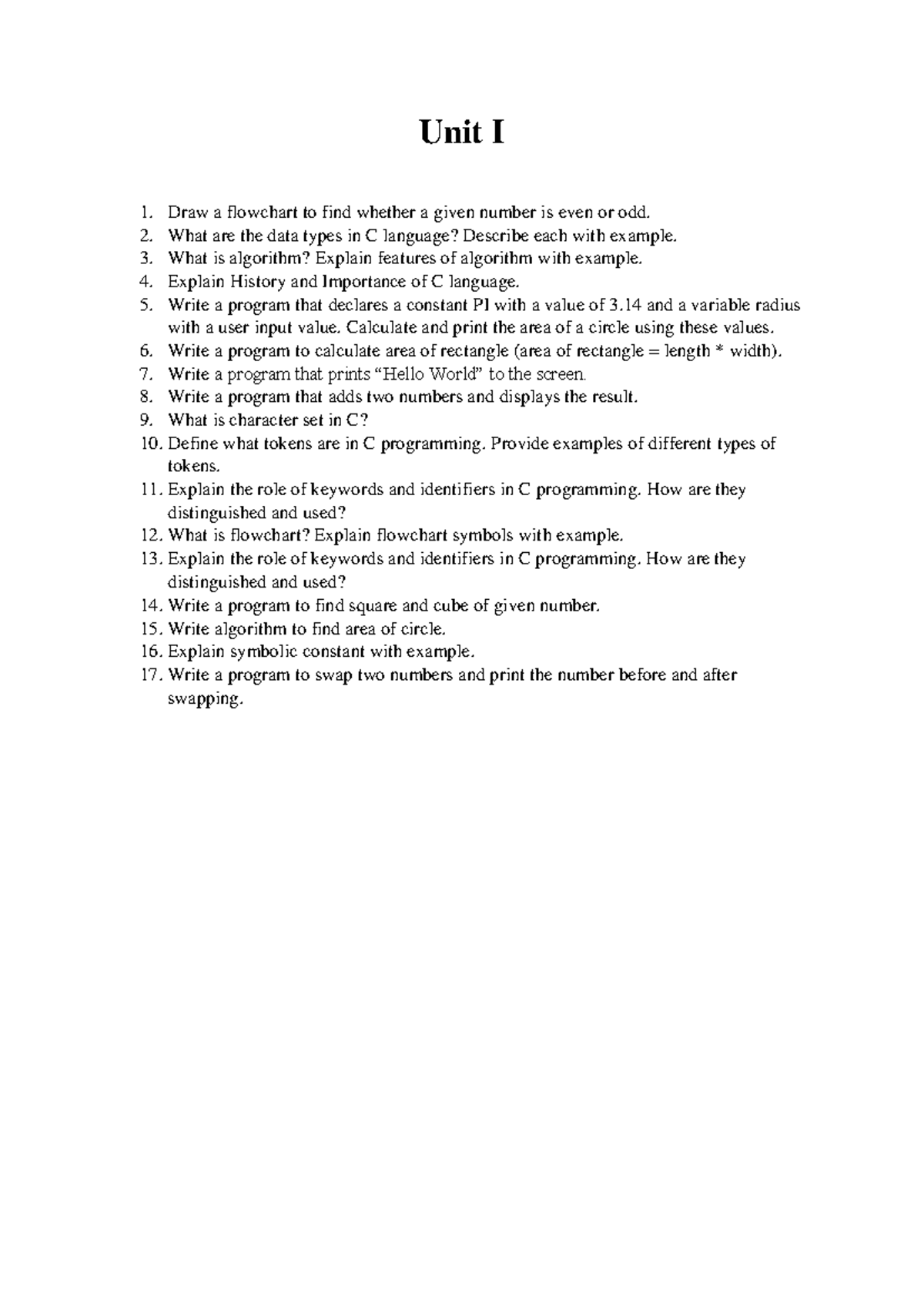 FPL-Unit Test I QB - C Programming Concepts & Exercises Notes - Studocu