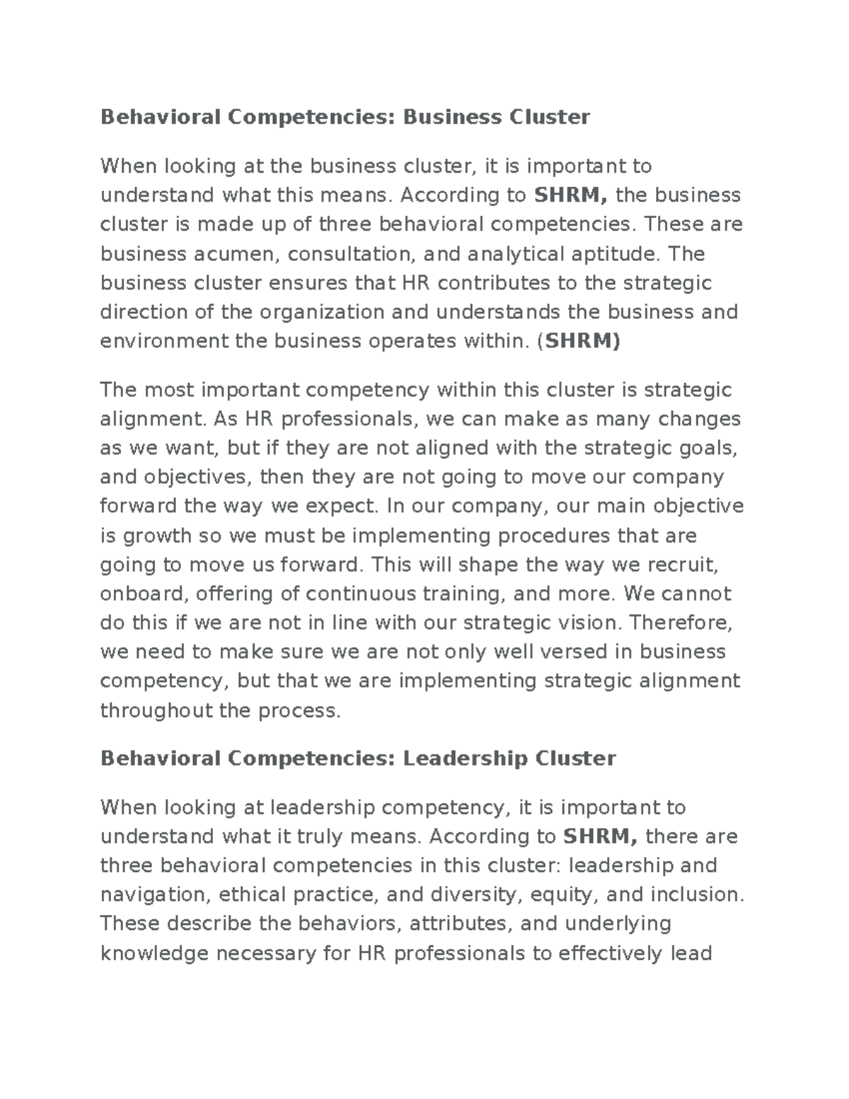 Milestone 4: SHRM Behavioral Competencies and HR Initiatives - Studocu