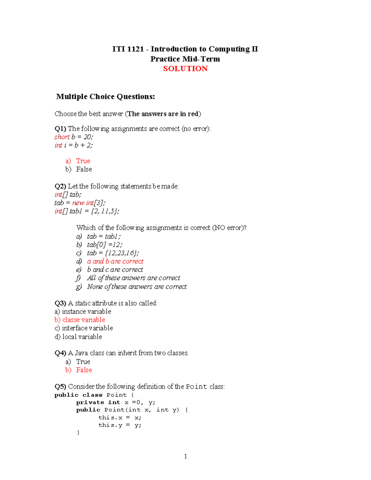 ITI 1121 Midterm Practice Solutions for Computing II MCQs - Studocu