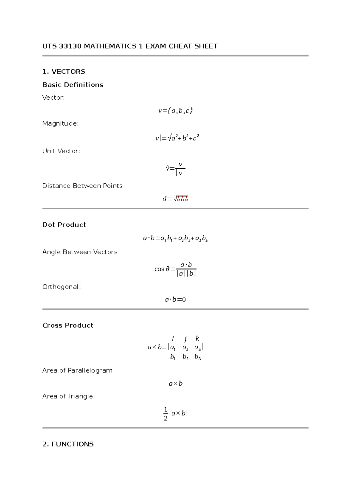UTS 33130 Mathematics 1 Final Exam Cheat Sheet: Key Concepts & Formulas ...