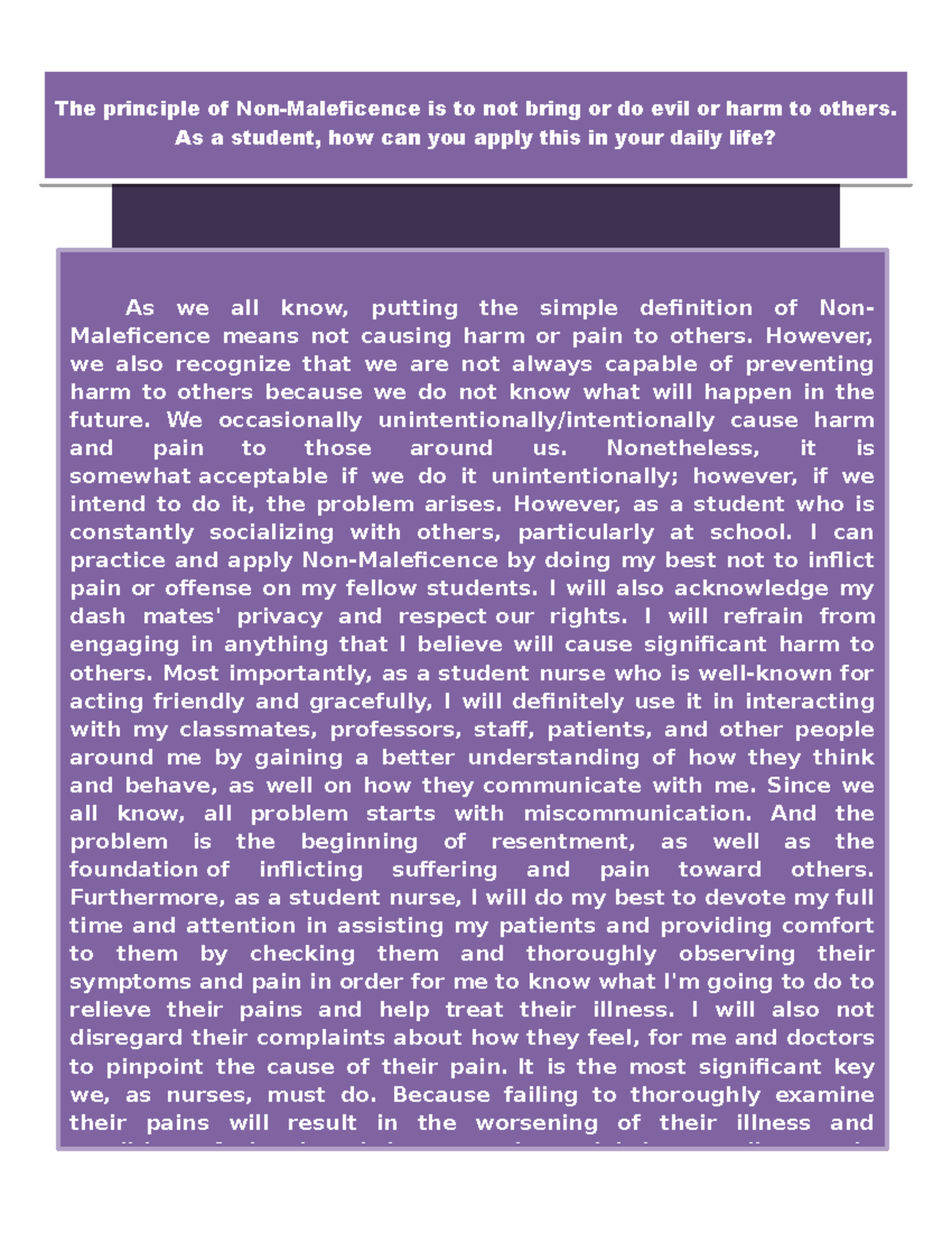 Ethics in Nursing: Application of Non-Maleficence Principle - Studocu
