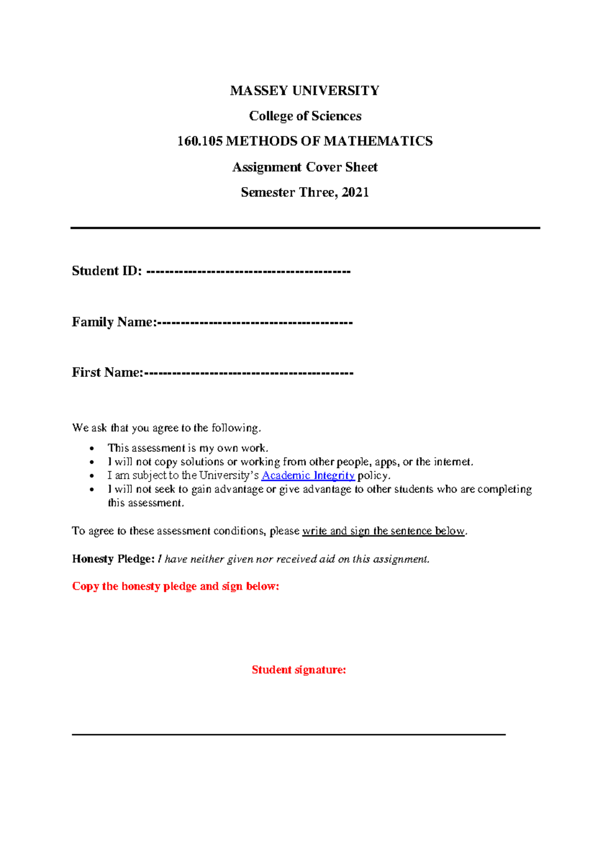 160.105 Methods of Mathematics Assignment Cover Sheet 2021 Sem 3 - Studocu