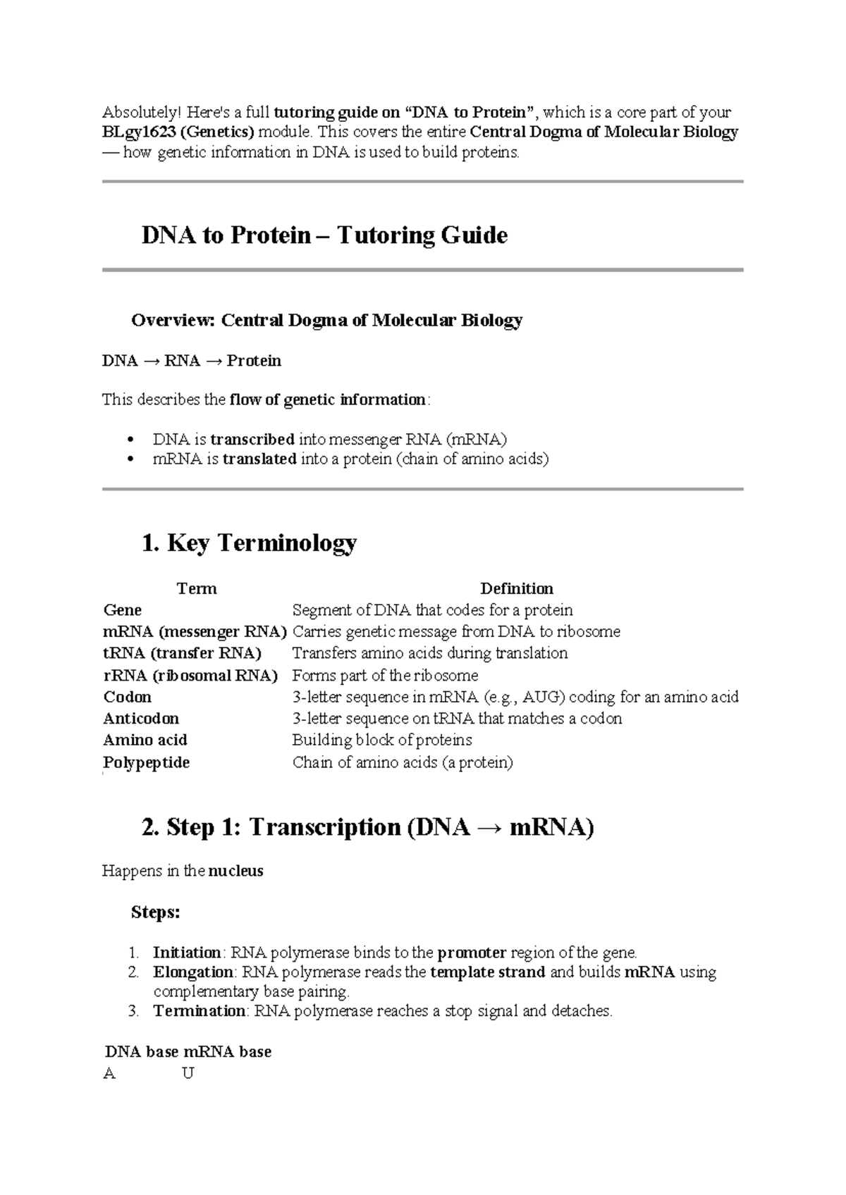 DNA to Protein Tutoring Guide for BLgy1623: Central Dogma Overview ...