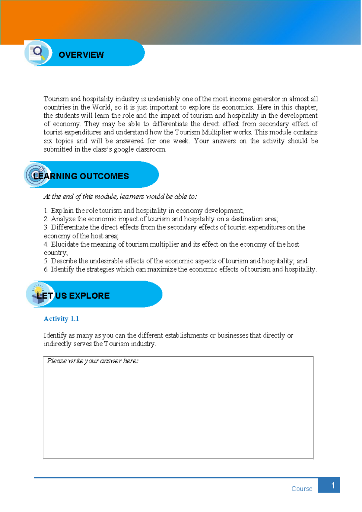 Course 1 Module 3: The Economics of Tourism and Hospitality Overview ...