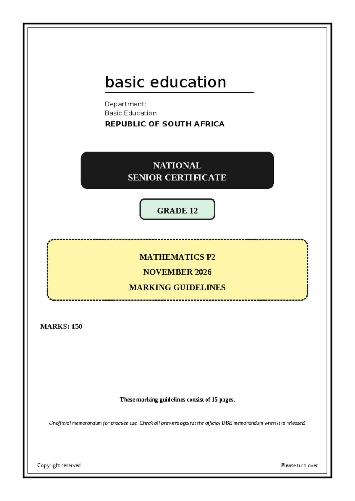 Mathematics P2 NSC Nov 2026 Marking Guidelines Unofficial Memo - Studocu