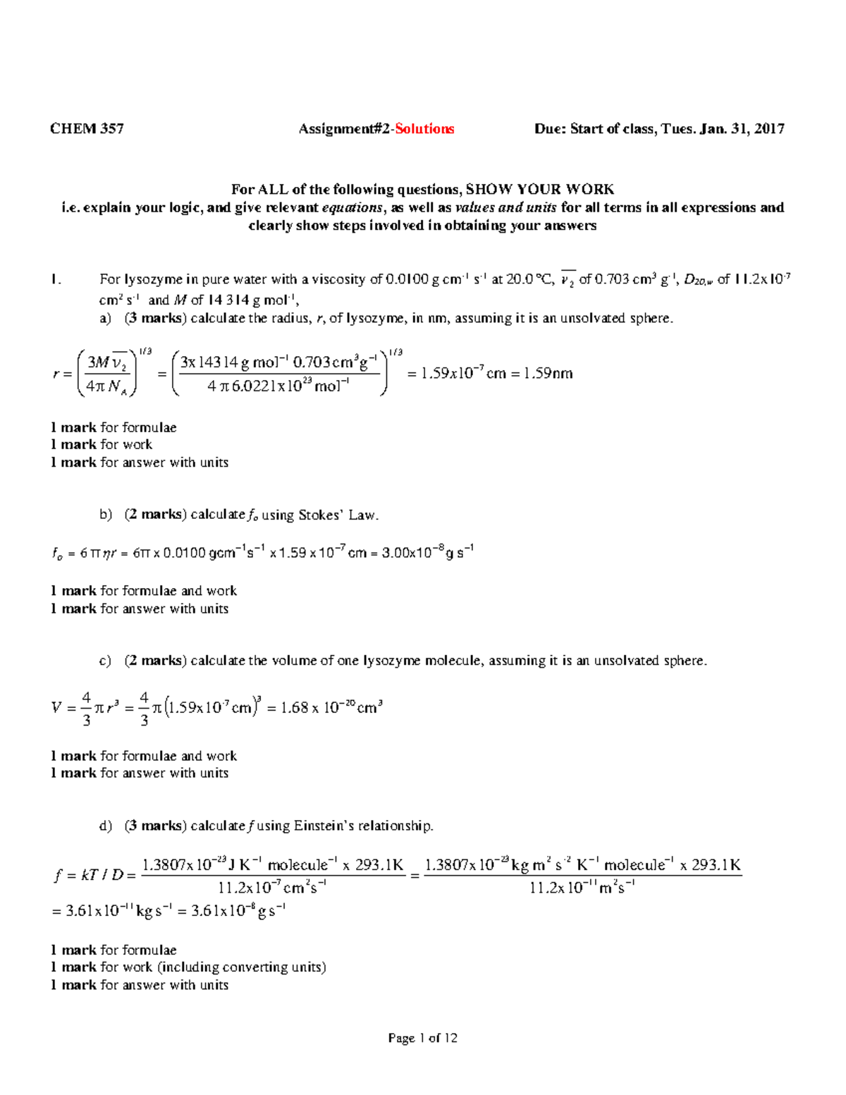 CHEM 357 Assignment 2 Solutions (2017) - CHEM 357 Assignment#2 ...