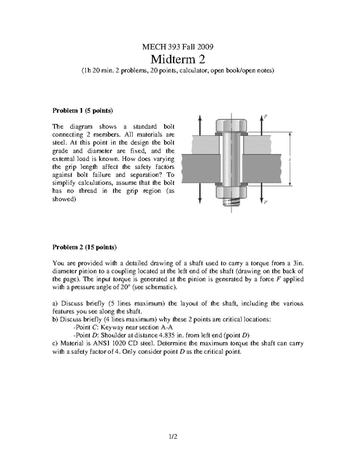 MECH 393 Midterm 2 April 2009: Q&A with Solutions and Diagrams - Studocu
