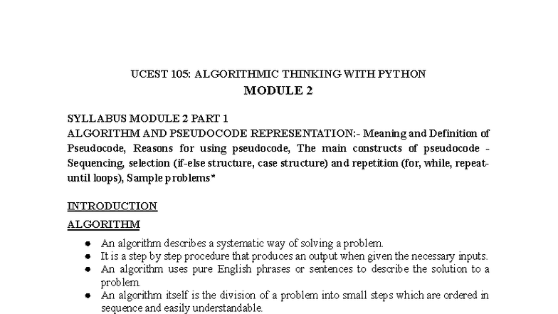 UCEST 105: Algorithmic Thinking with Python - Module 2 Overview - Studocu