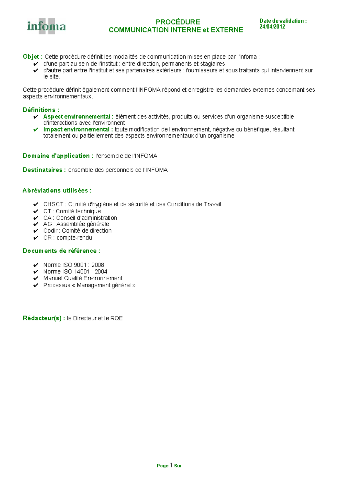 Procédure de Communication Interne et Externe - ISO 9001 & 14001 - Studocu
