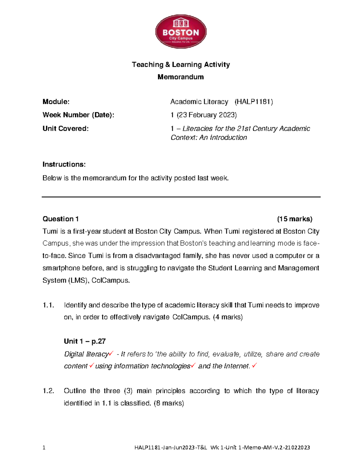HALP1181 Academic Literacy Week 1 Teaching & Learning Activity Memo ...