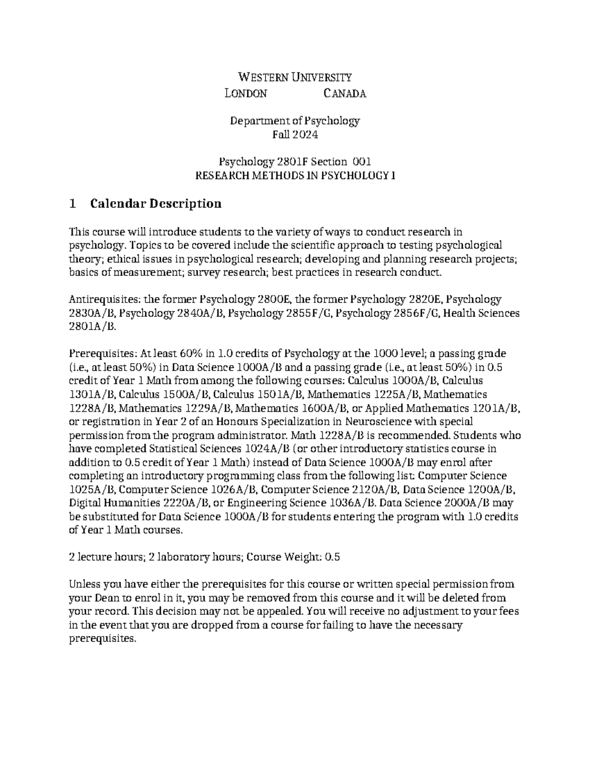 Psych 2801F Course Outline: Research Methods in Psychology I (Fall 2024 ...