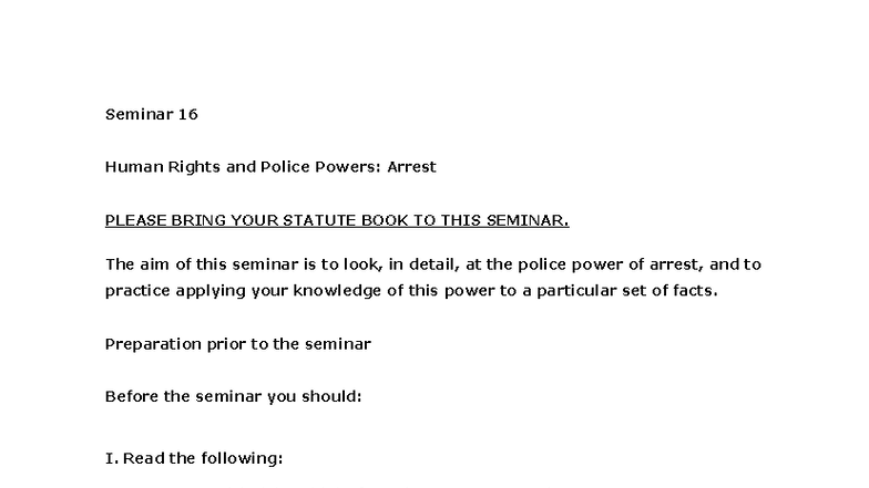 Public Law Seminar 16: Human Rights & Police Powers - Arrest - Studocu