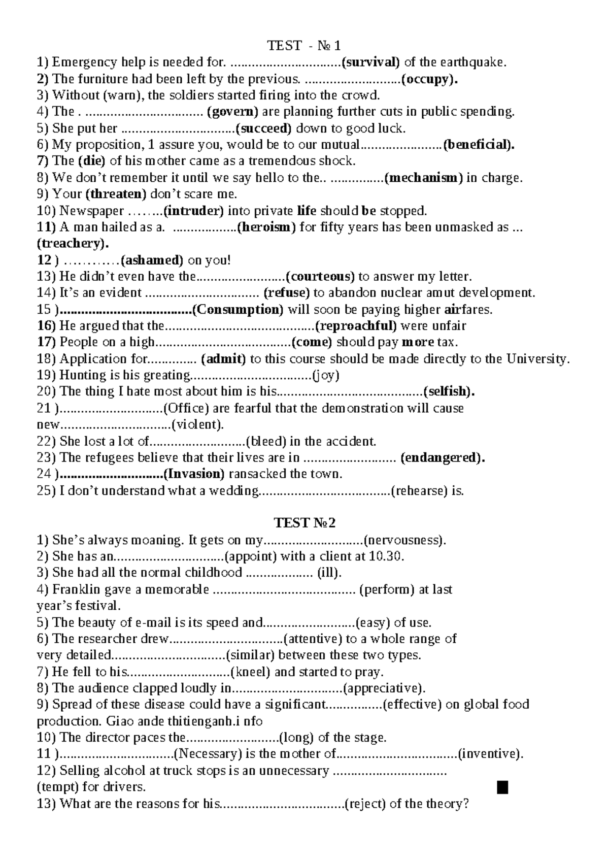 60 BÀI TEST WORD FORM - Test Questions & Answers Collection - Studocu
