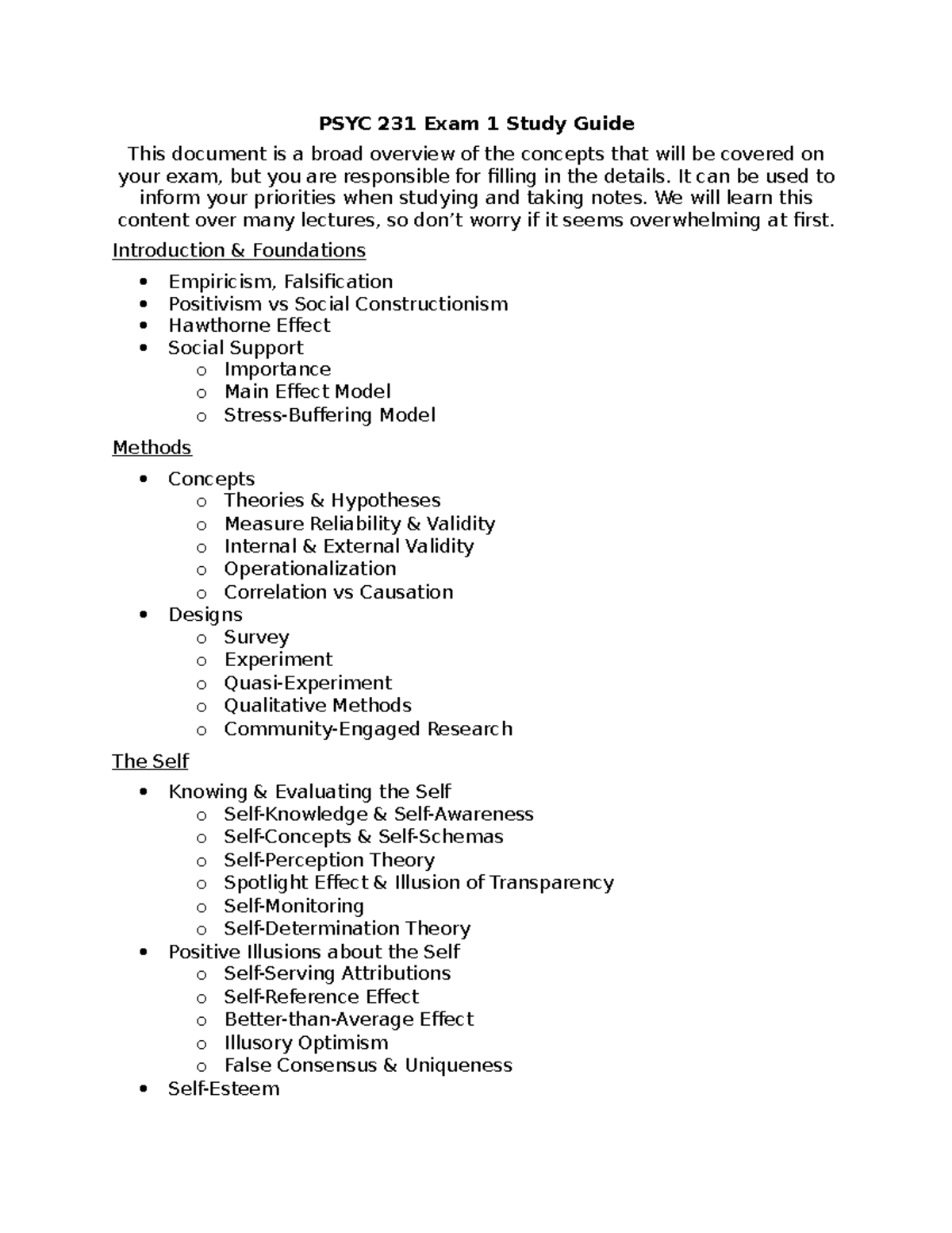 PSYC 231 Final Exam Study Guide: Key Concepts Overview - Studocu