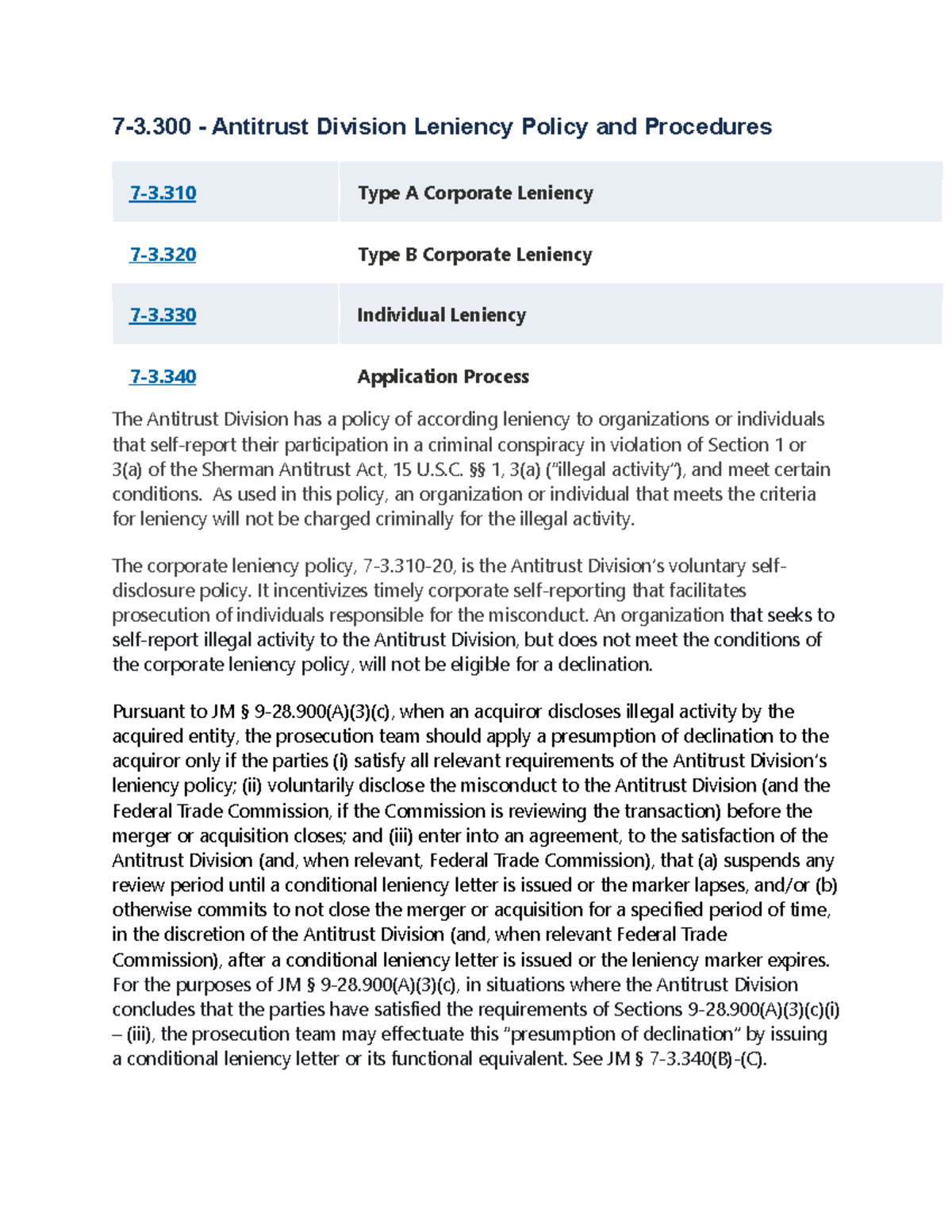 Antitrust Division Leniency Policy: Type A & B Corporate Guidelines ...