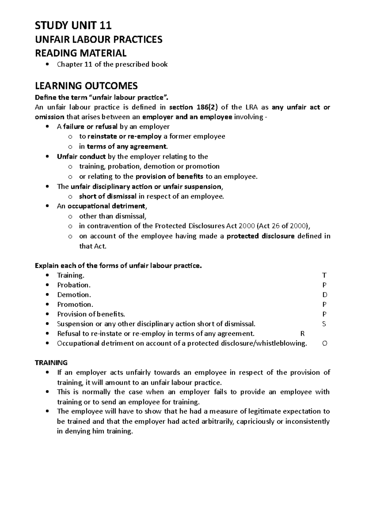 Mrl3702 Study Unit 11 Overview Of Unfair Labour Practices Studocu