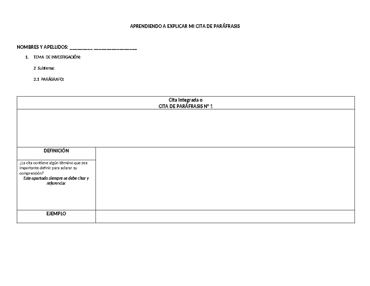Plantilla para Explicaciones de Citas y Paráfrasis en Investigación ...