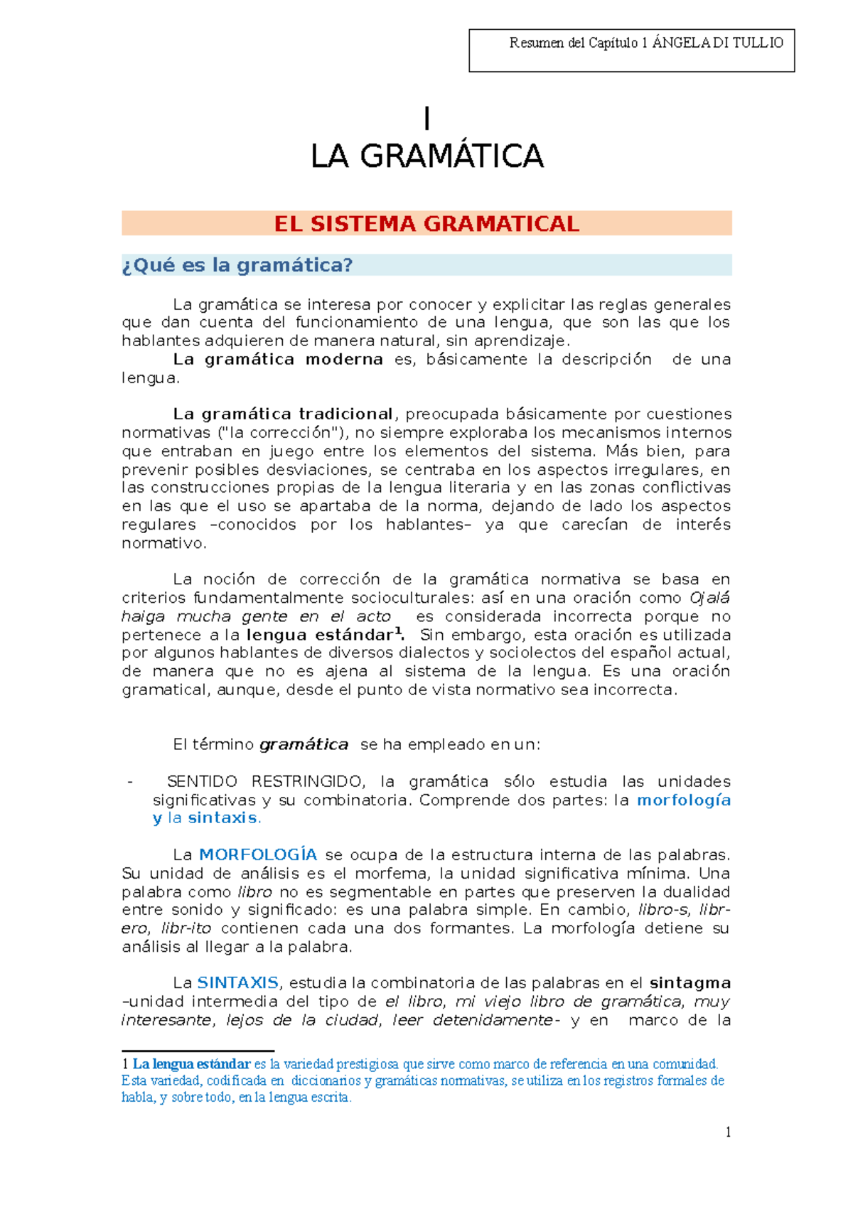 Resumen del Capítulo 1: La Gramática de Ángela Di Tullio - Studocu