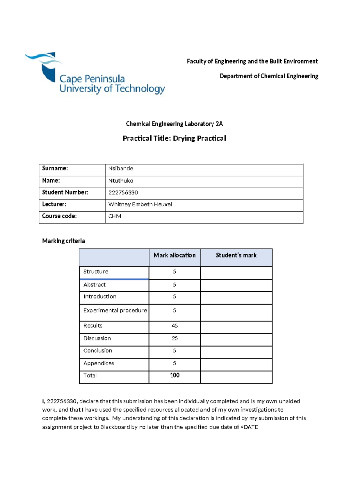 CHM 2A Final Exam Drying Practical Report by Ntuthuko Nsibande - Studocu