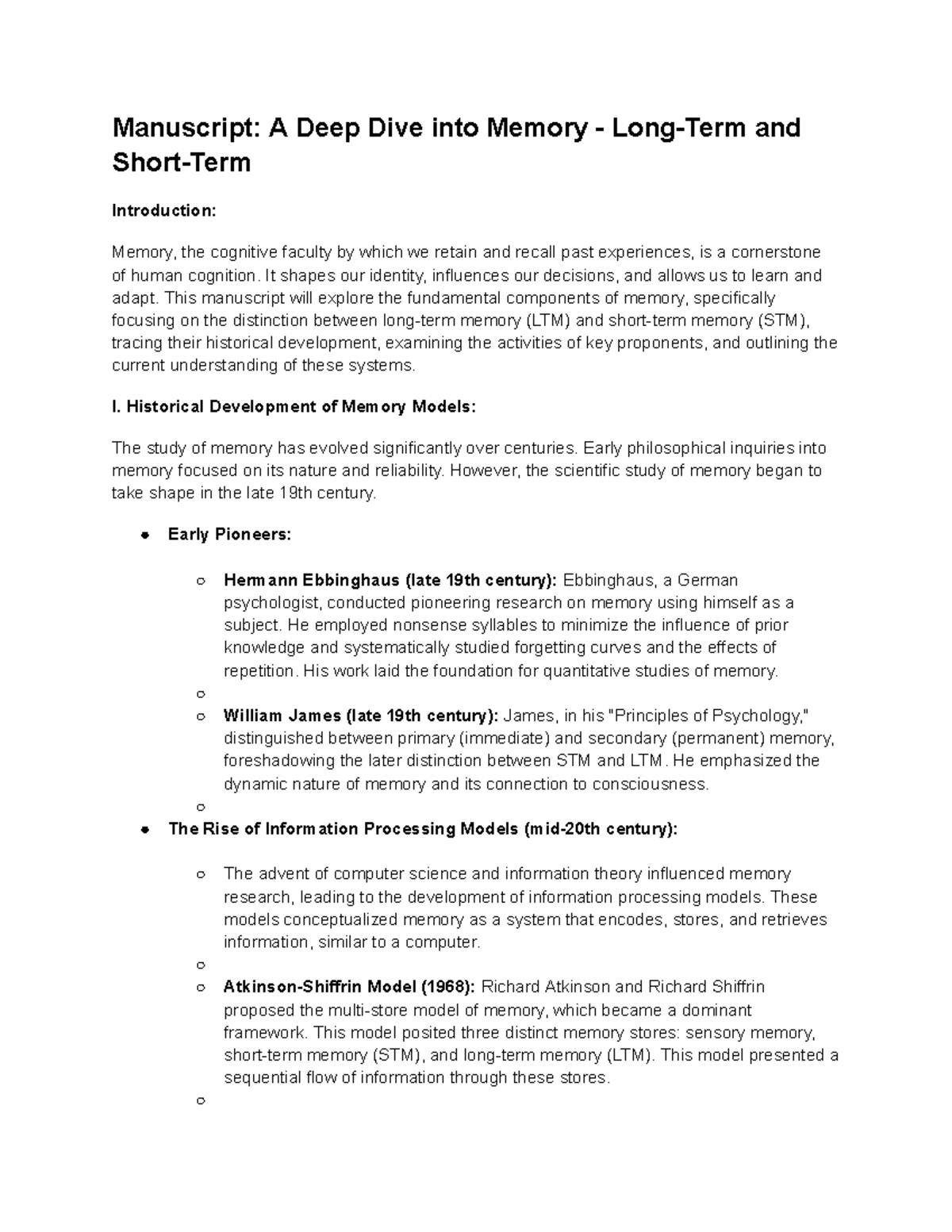 Manuscript: A Deep Dive into Memory - LTM and STM - Studocu