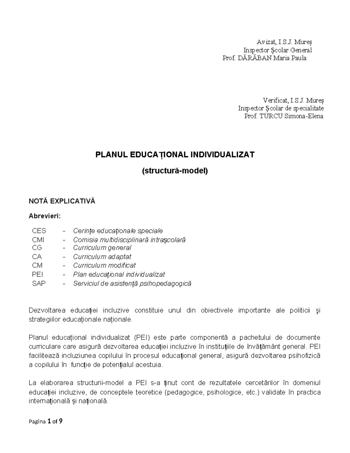 Plan educațional individualizat - notă explicativă PEI - Studocu