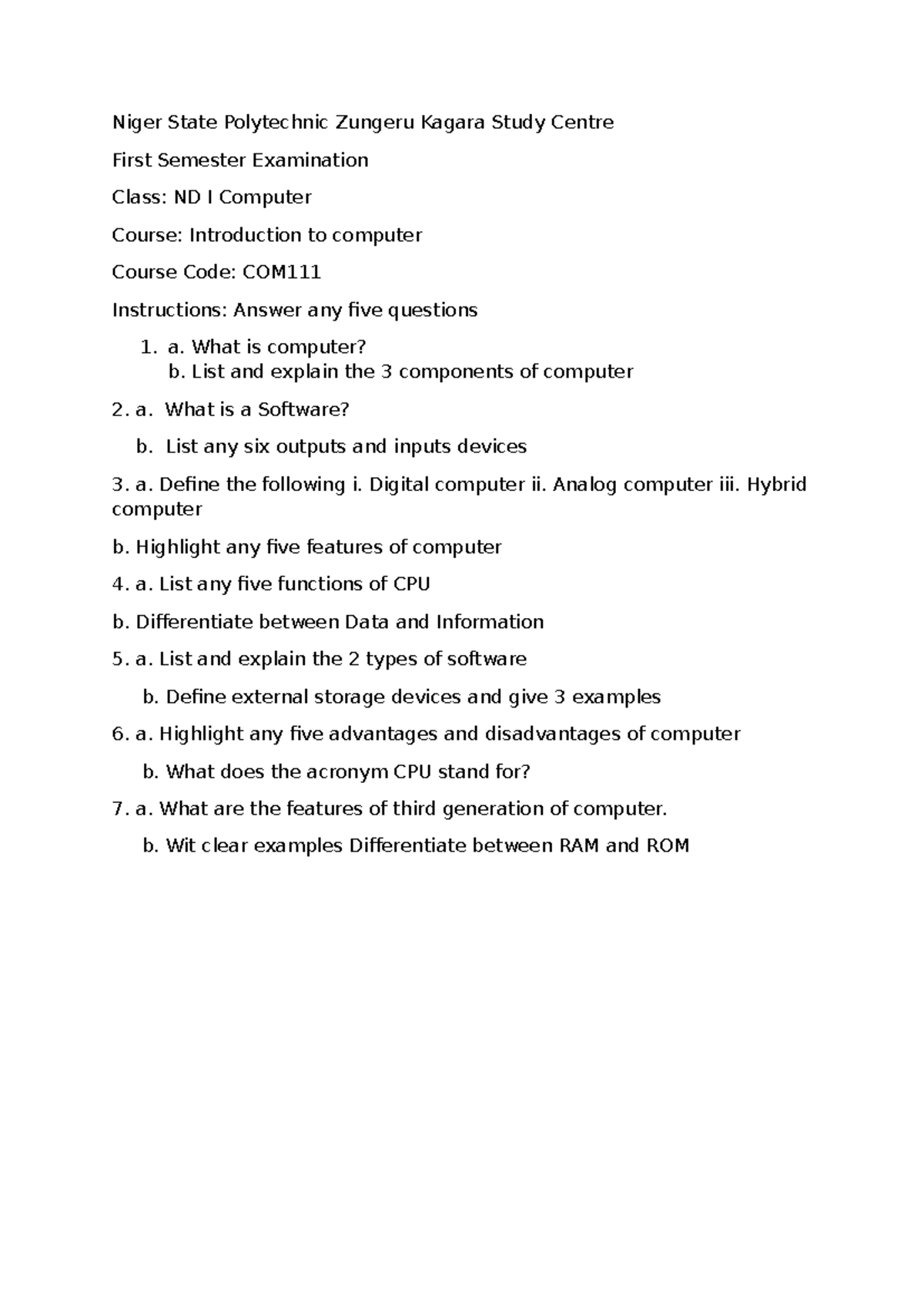 Niger State Polytechnic ND I Computer Final Exam Questions - COM 111 ...