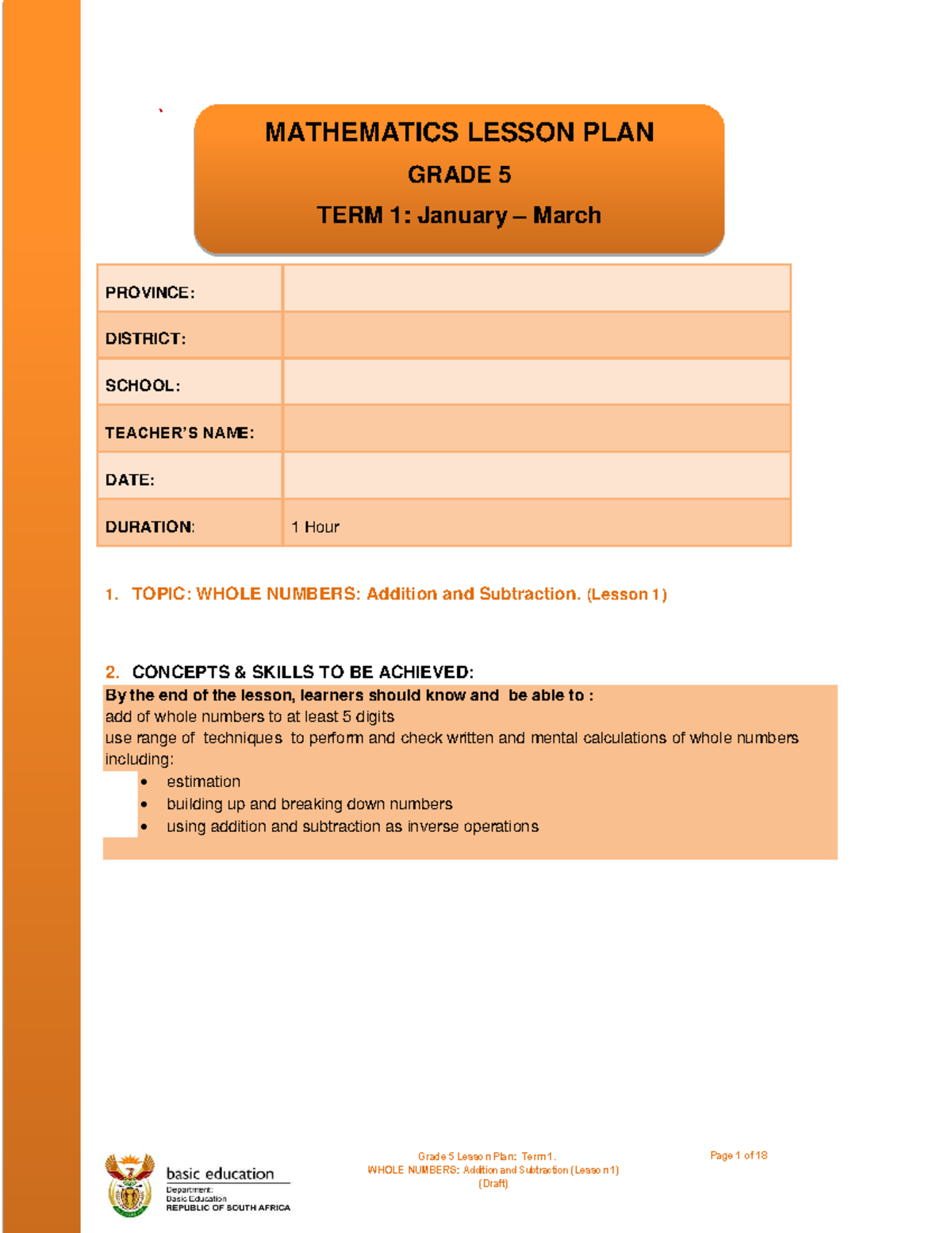 Grade 5 Mathematics Lesson Plan: Term 1 - Addition & Subtraction ...
