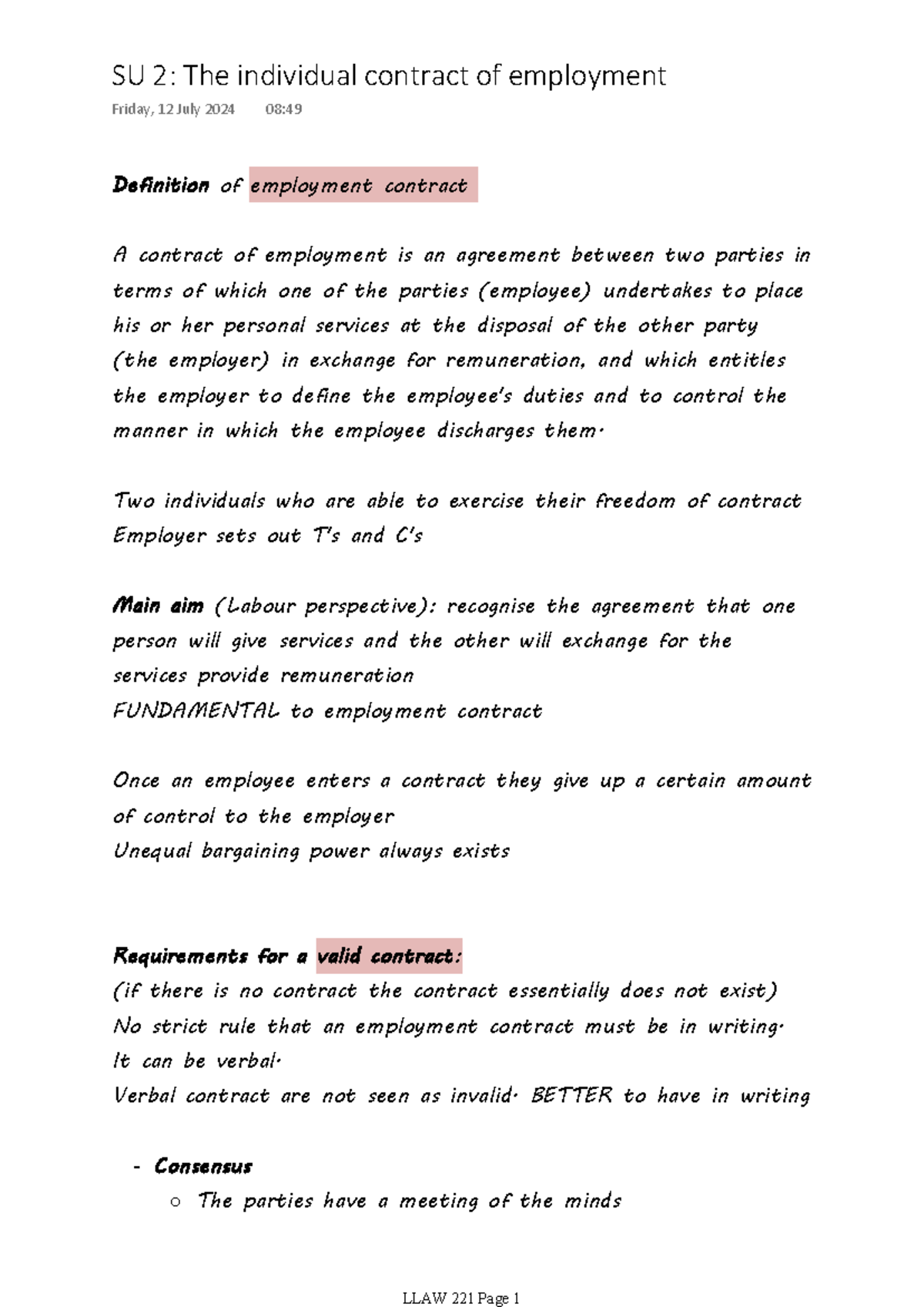 LLAW 221: Study Unit 2 - Individual Employment Contracts Overview - Studocu