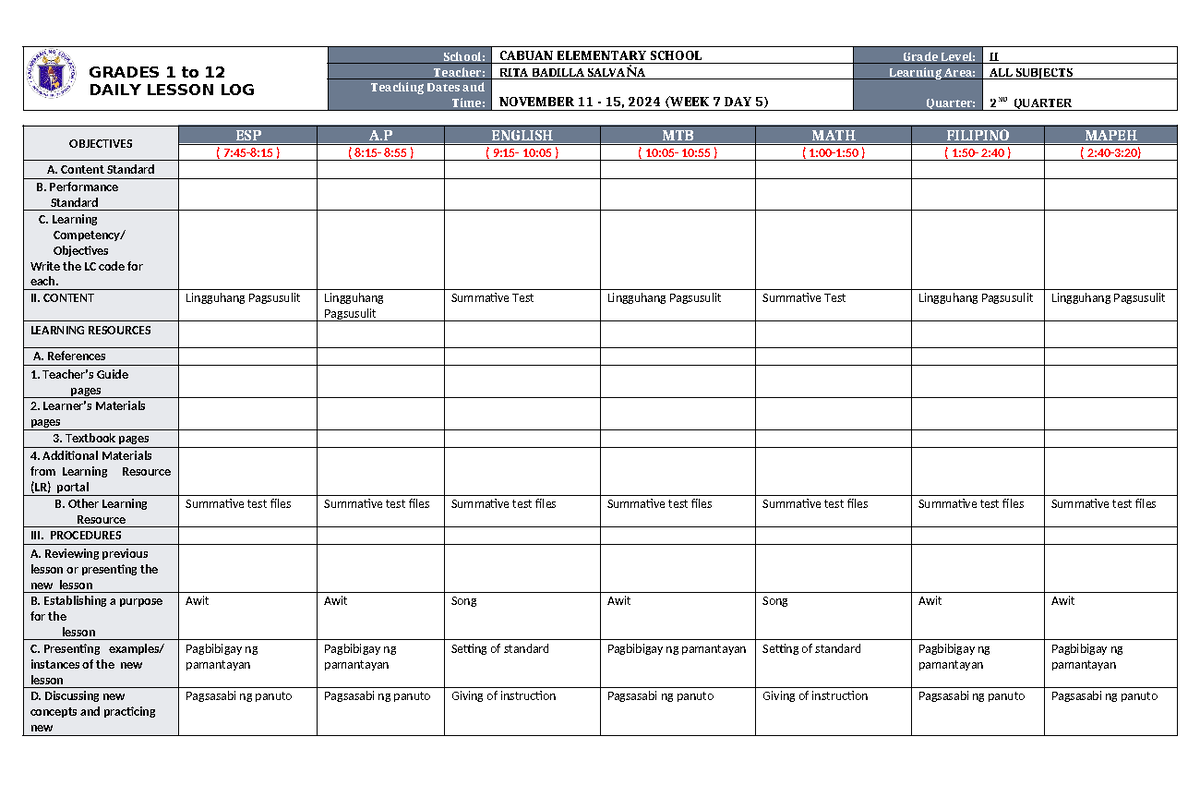 DLL ALL Subjects 2 Q2 W7 D5 - GRADES 1 to 12 DAILY LESSON LOG School ...