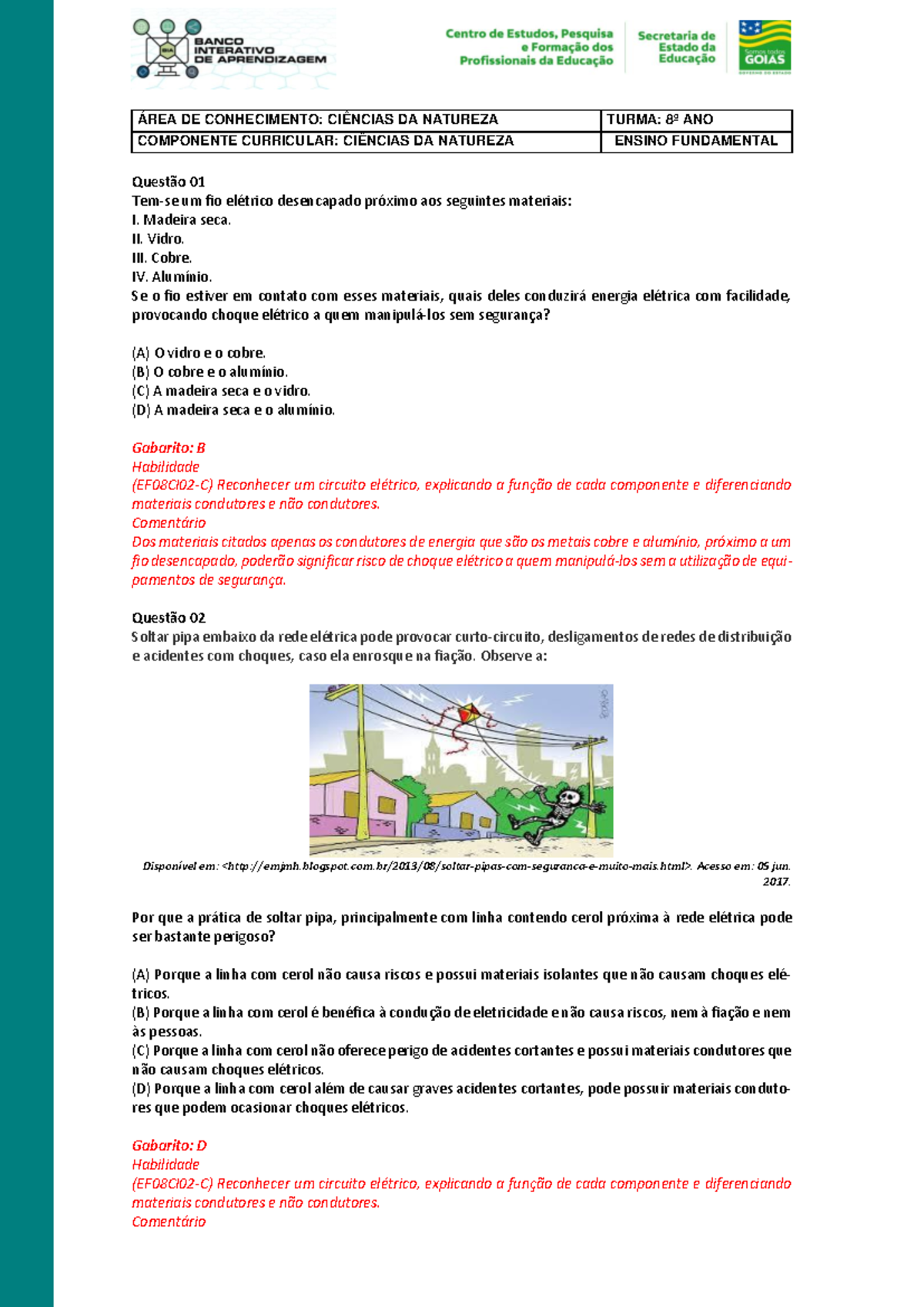8º ANO Ciên - Questões sobre Circuitos Elétricos e Materiais Condutores ...