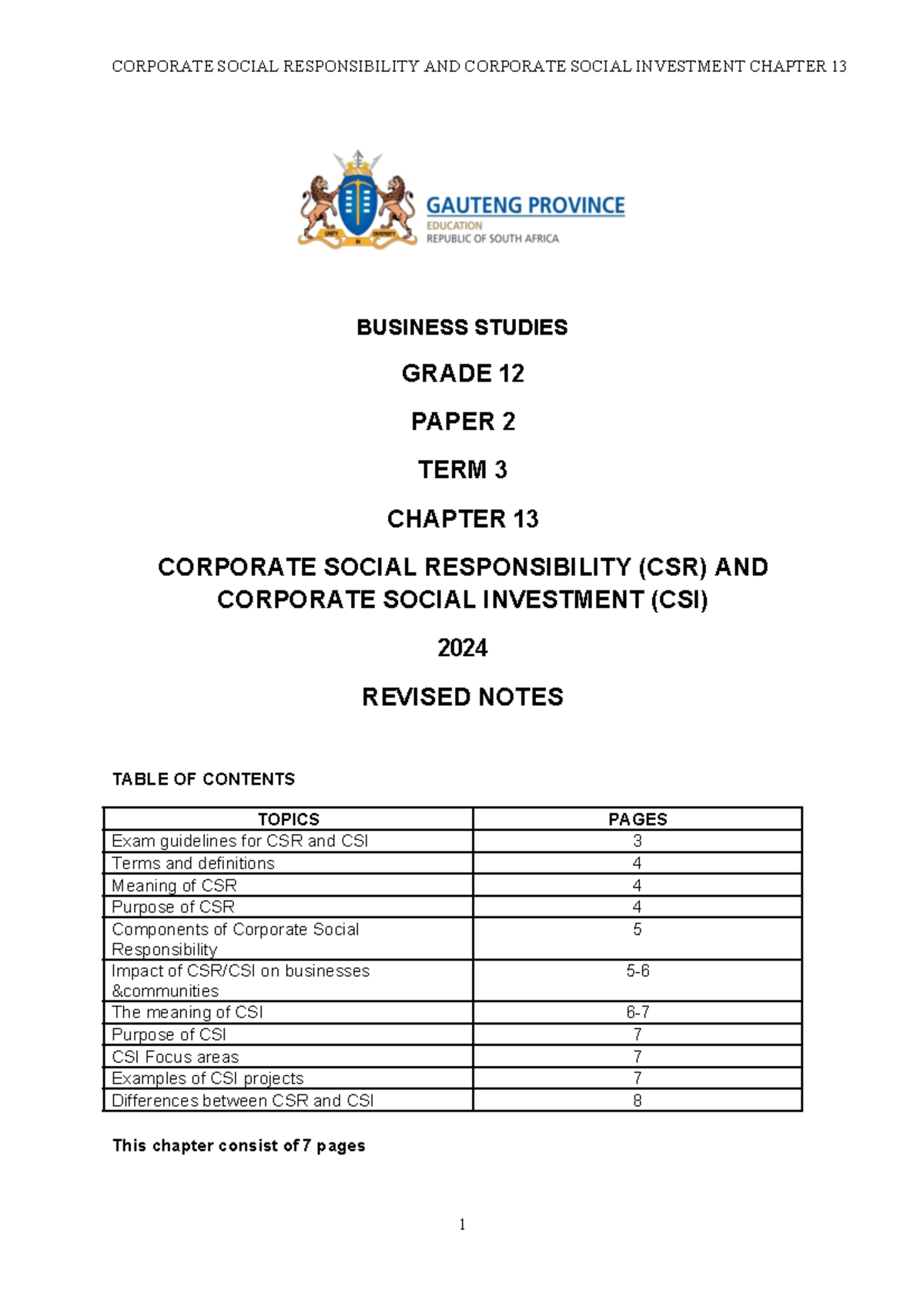 2024 Revised Notes on CSR & CSI - Business Studies Grade 12 Chapter 13 ...