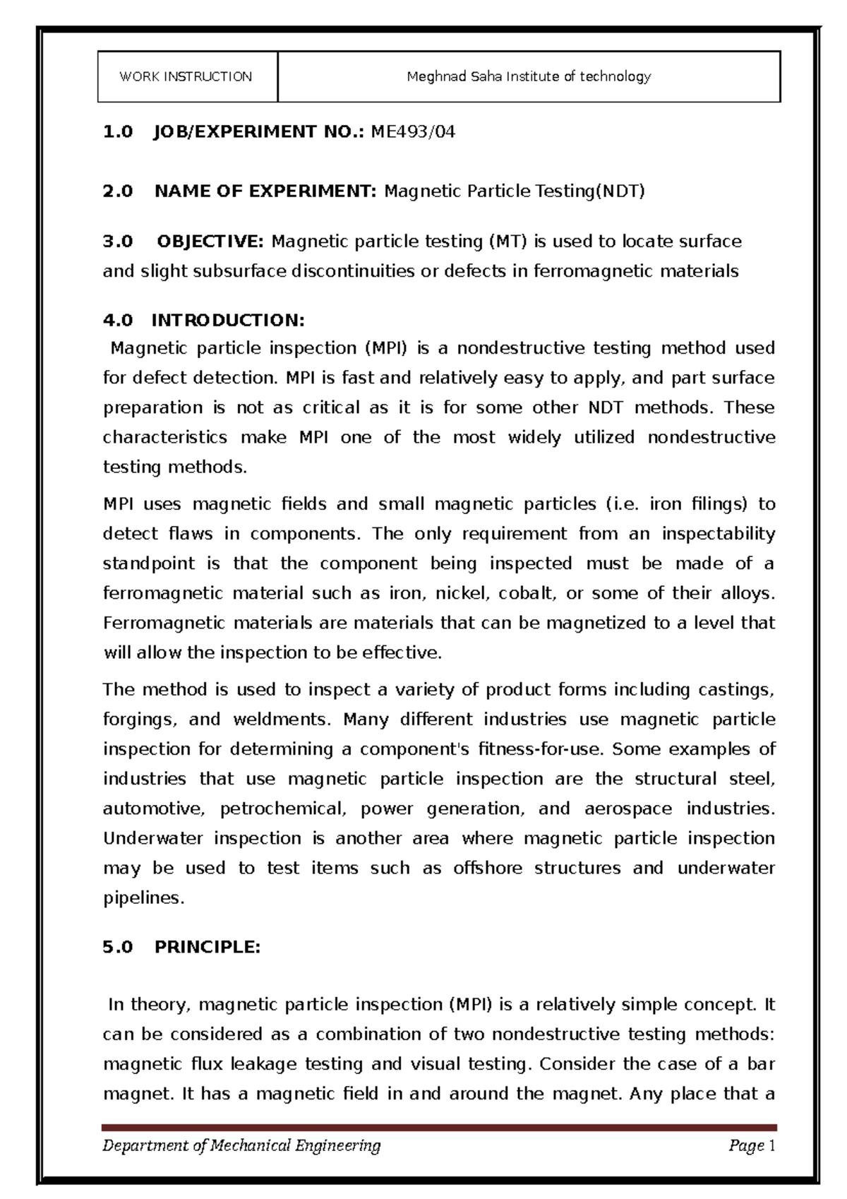 Lab Report on Magnetic Particle Testing (NDT) - ME493 - Studocu
