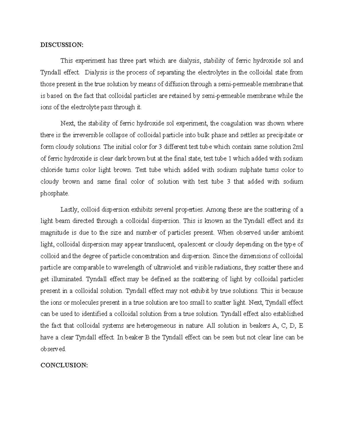 Lab Report on Dialysis, Ferric Hydroxide Stability & Tyndall Effect ...