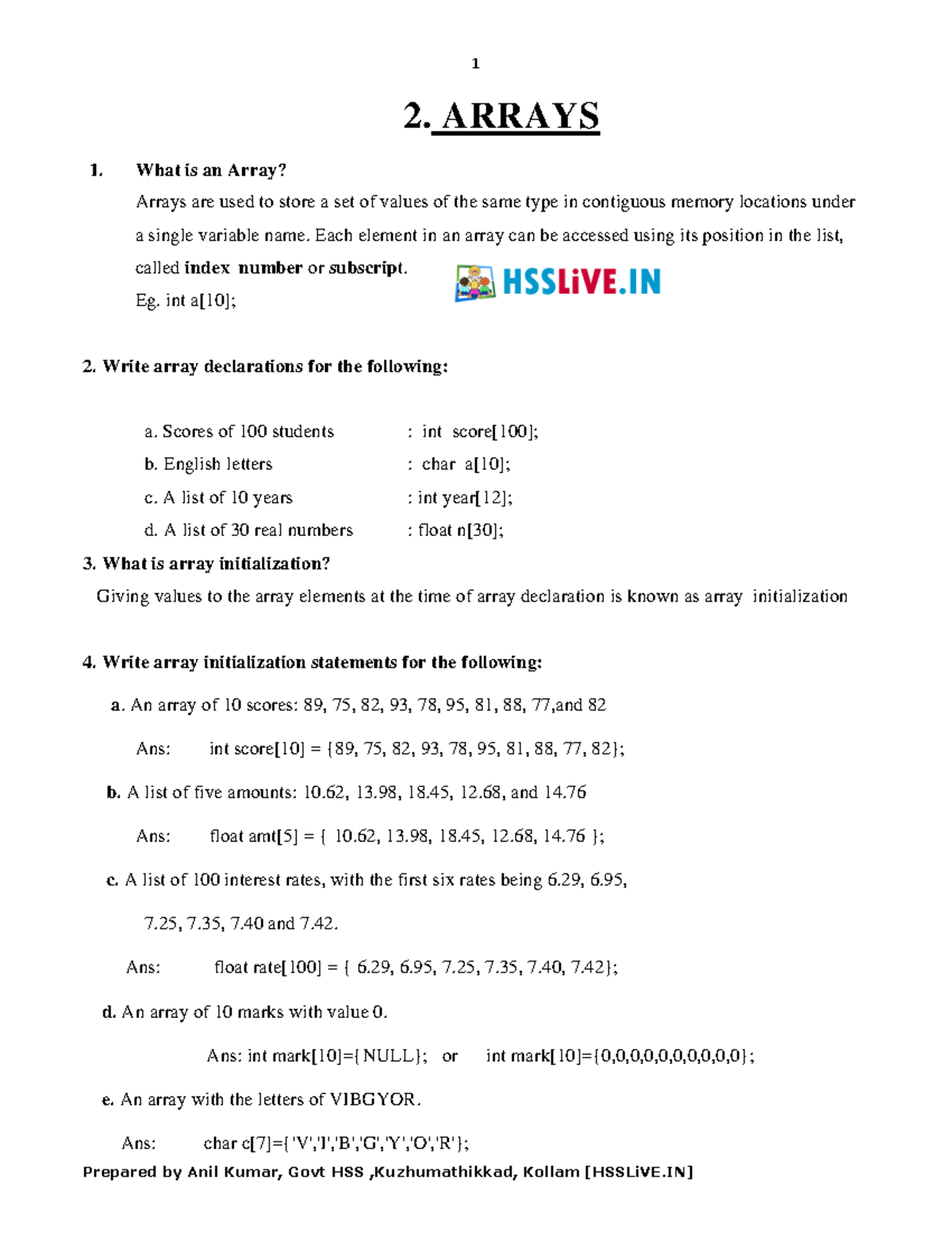 Chapter 2 of CA computer application - 2. ARRAYS 1. What is an Array ...