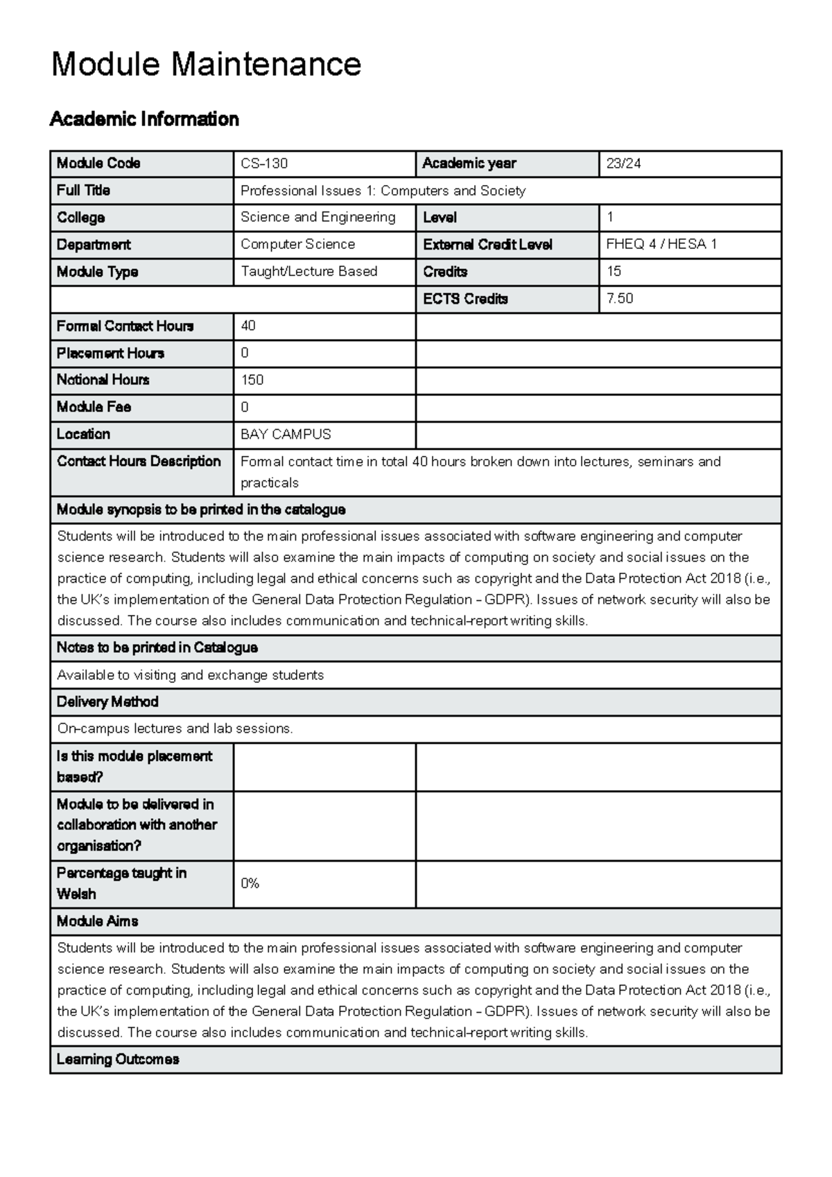 S1 Professional issues 1 - Module Maintenance Academic Information ...