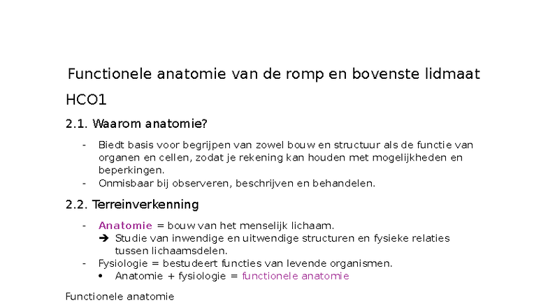 Functionele Anatomie van de Romp en Bovenste Lidmaat HCO1 - Studocu