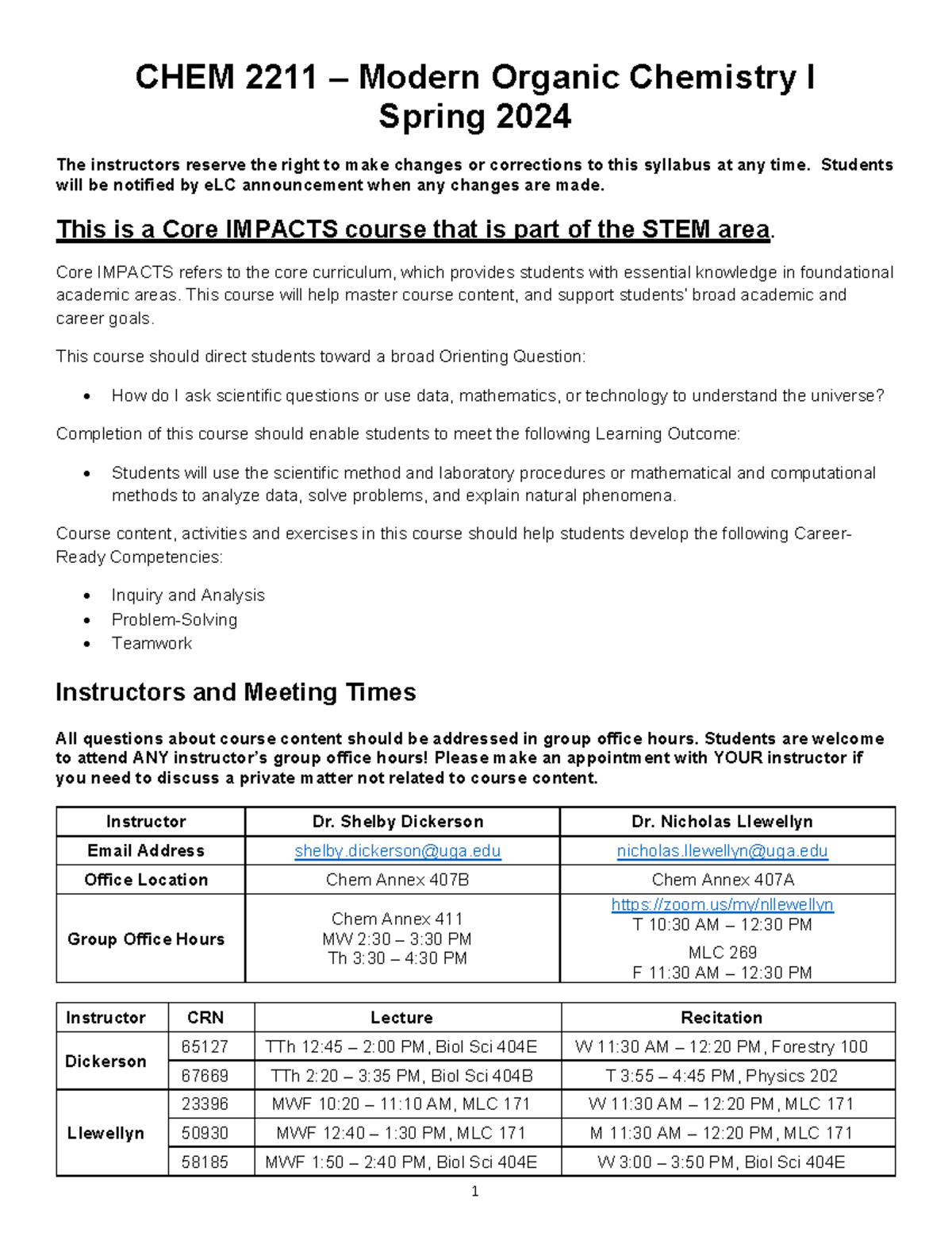 Chem 2211 syllabus for modern organic chemistry I - spring 2024 - Studocu