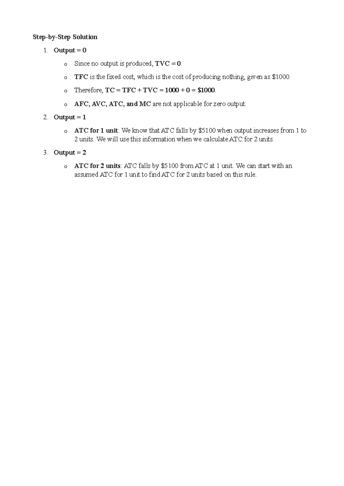 Microeconomics: Cost Analysis Steps for Output Levels - Studocu